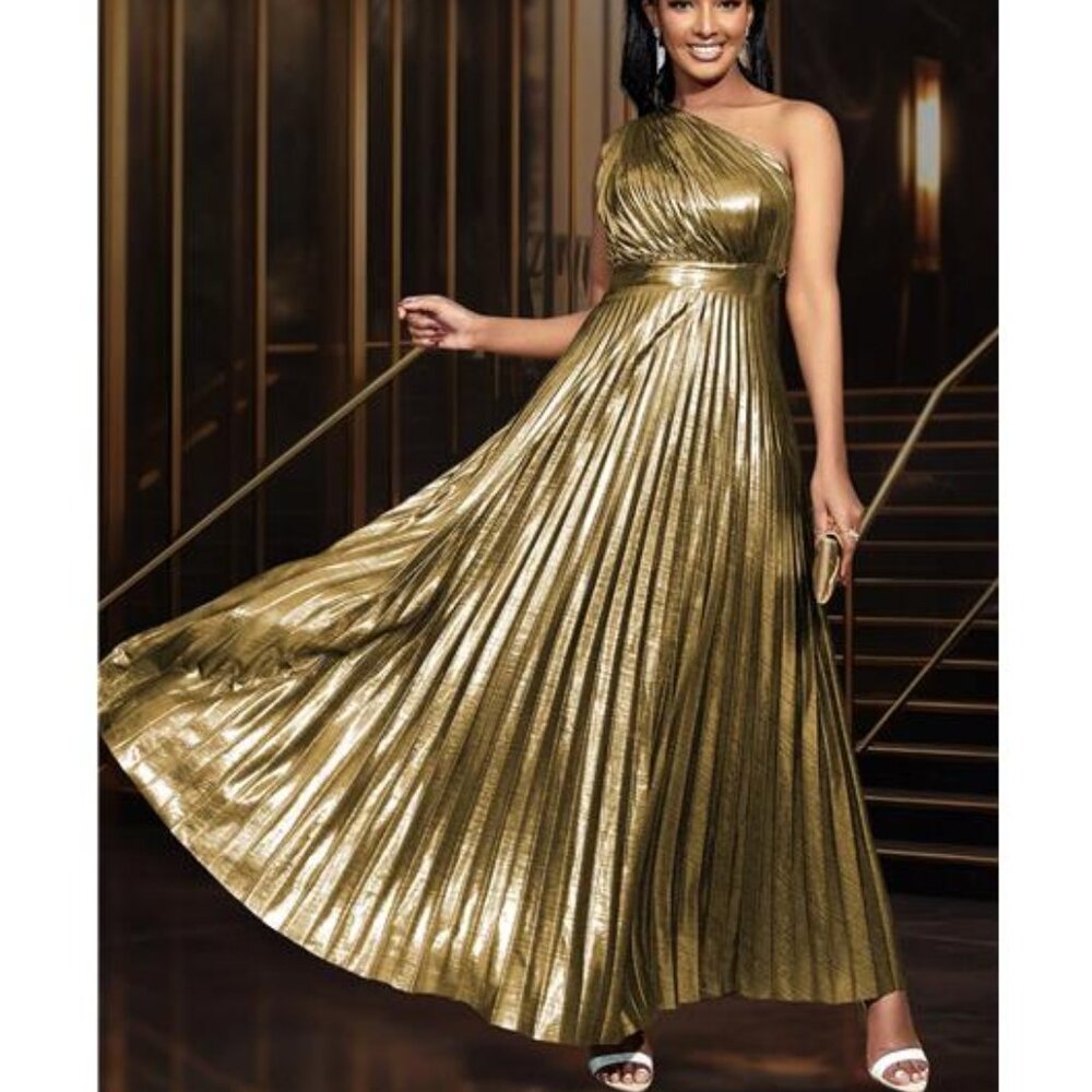 99- Elegant Shiny Gold Asymmetrical Neck Maxi Party Dress Pleated - Picture 5 of 9